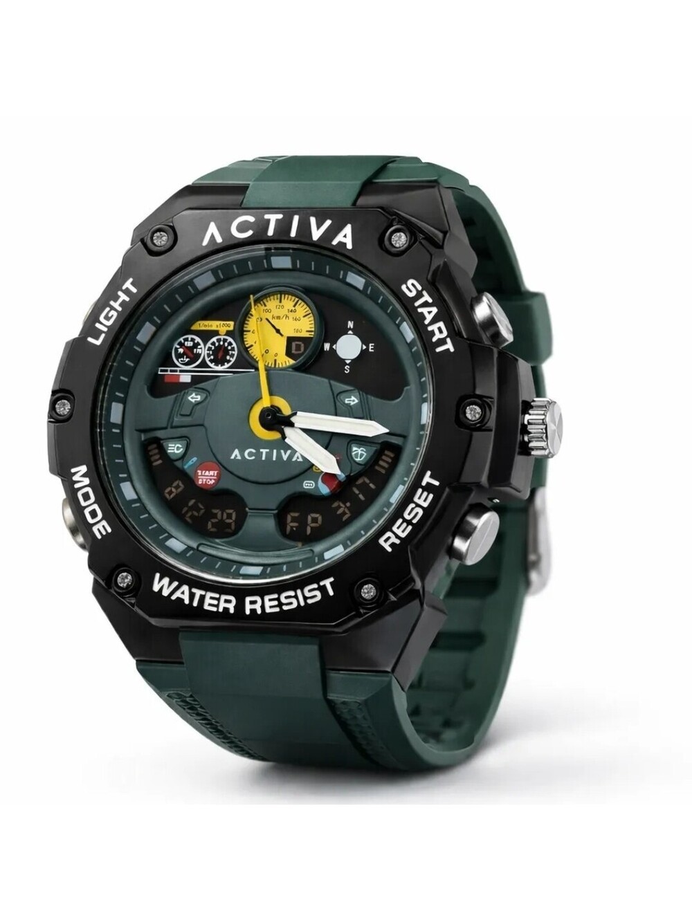 133 Activa Men's 50mm Sport Analog & Digital Watch Green Rubber Band Black Case